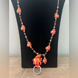 Enamel Tropical Fish Necklace Pink Orange Yellow w/ Beads On Silver Tone Chain